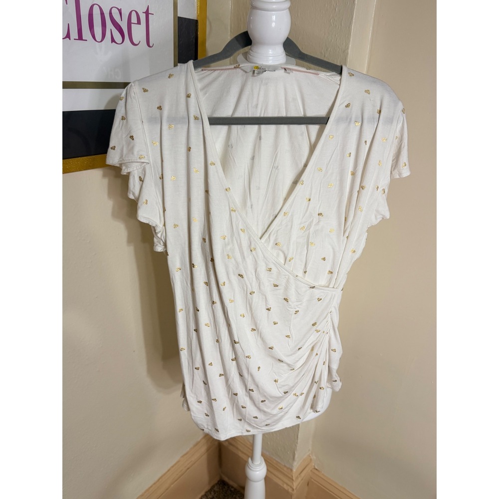 Boden White Gold Foil Heart Wrap Top Flutter Sleeve V-Neck Blouse US 14 UK 18